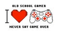 Gamepad or joystick in pixel art style and pixelated heart. Slogan for t-shirt with pixel text - I love video games.